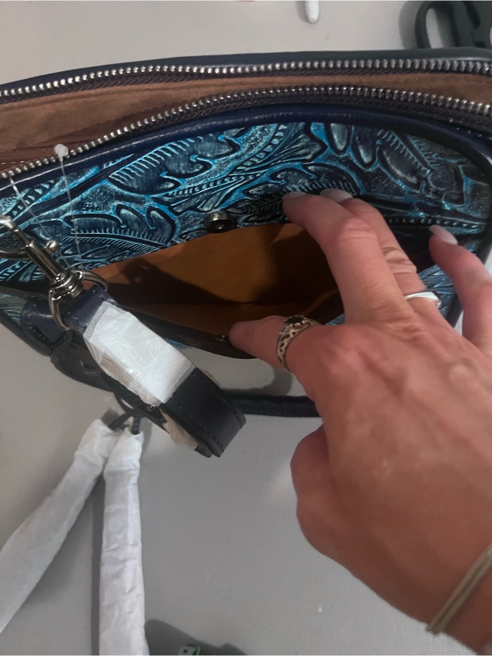 Blue Embossed Floral Leather Tote - Picture 10 of 11